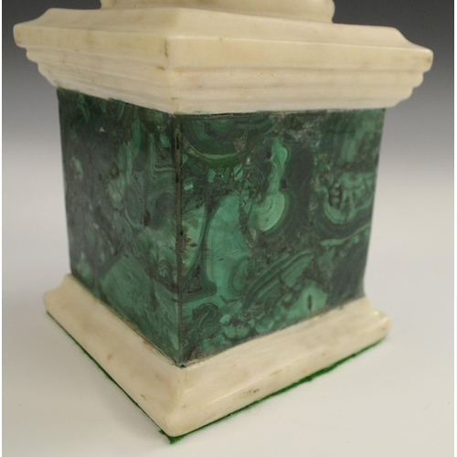 3124 - A Neoclassical style malachite and white marble urn, fluted finial, square base, 42.5cm high