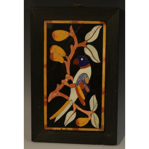 3136 - A pietra dura rectangular plaque, inlaid in lapis lazuli and specimen stones with an exotic bird on ... 