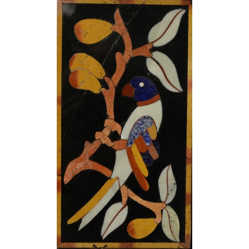 3136 - A pietra dura rectangular plaque, inlaid in lapis lazuli and specimen stones with an exotic bird on ... 