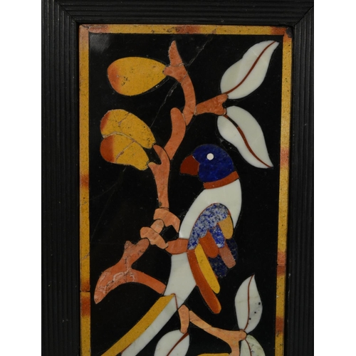 3136 - A pietra dura rectangular plaque, inlaid in lapis lazuli and specimen stones with an exotic bird on ... 