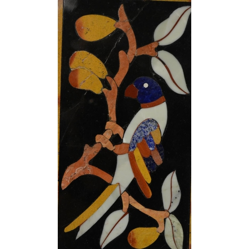 3136 - A pietra dura rectangular plaque, inlaid in lapis lazuli and specimen stones with an exotic bird on ... 