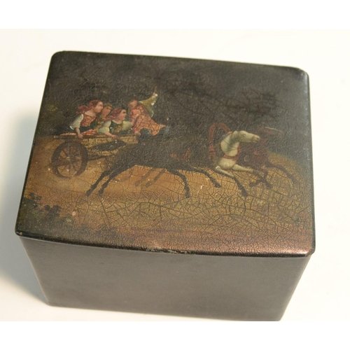 3140 - A Russian lacquer rectangular box, hinged cover decorated with children in a horse drawn gig, 10cm w... 