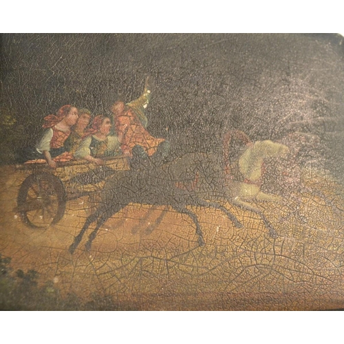 3140 - A Russian lacquer rectangular box, hinged cover decorated with children in a horse drawn gig, 10cm w... 