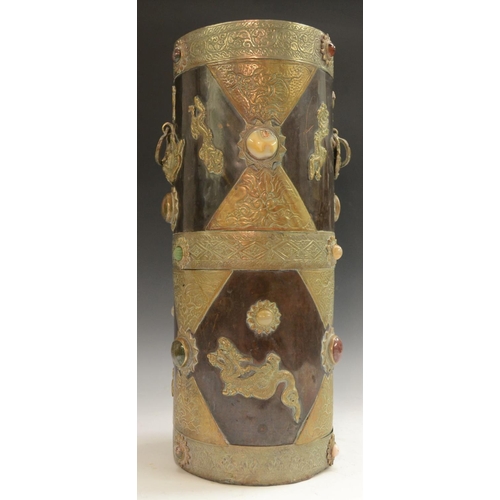 3148 - A Tibetan agate and brass mounted copper cylindrical walking stick stand, 45.5cm high, early 20th ce... 