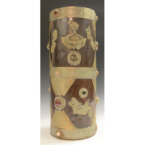 3148 - A Tibetan agate and brass mounted copper cylindrical walking stick stand, 45.5cm high, early 20th ce... 