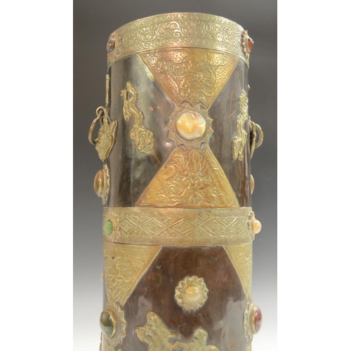 3148 - A Tibetan agate and brass mounted copper cylindrical walking stick stand, 45.5cm high, early 20th ce... 