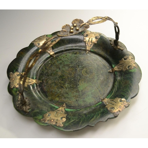 3153 - A Victorian gilt-metal mounted 'malachite' papier-mâché shaped circular basket, the dish mottled in ... 