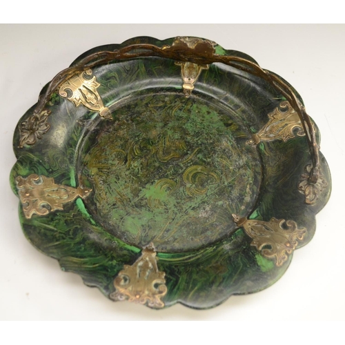 3153 - A Victorian gilt-metal mounted 'malachite' papier-mâché shaped circular basket, the dish mottled in ... 