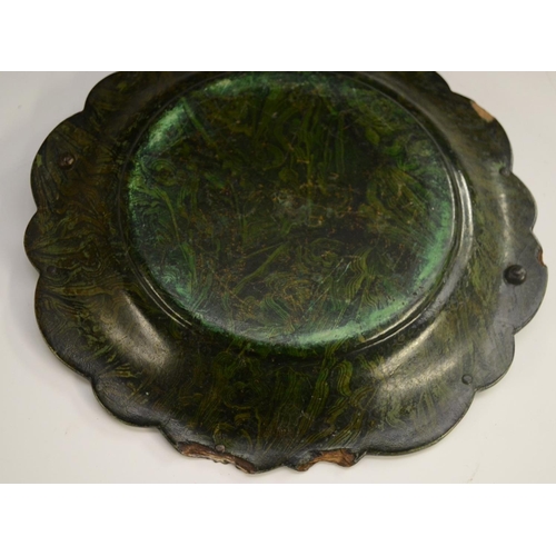 3153 - A Victorian gilt-metal mounted 'malachite' papier-mâché shaped circular basket, the dish mottled in ... 