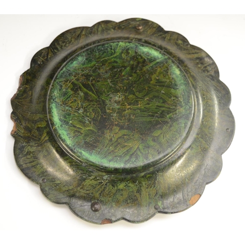 3153 - A Victorian gilt-metal mounted 'malachite' papier-mâché shaped circular basket, the dish mottled in ... 