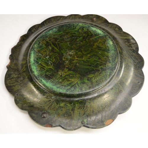 3153 - A Victorian gilt-metal mounted 'malachite' papier-mâché shaped circular basket, the dish mottled in ... 