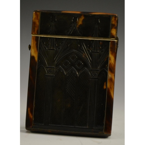 3161 - A William IV/early Victorian Gothic Revival tortoiseshell card case, the sides pressed with ecclesia... 