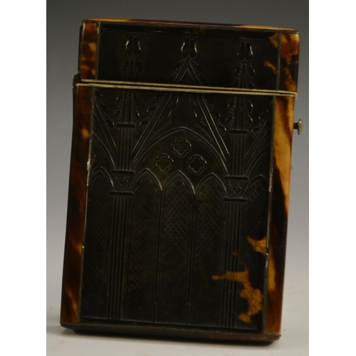 3161 - A William IV/early Victorian Gothic Revival tortoiseshell card case, the sides pressed with ecclesia... 