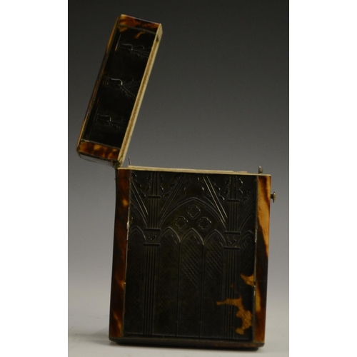 3161 - A William IV/early Victorian Gothic Revival tortoiseshell card case, the sides pressed with ecclesia... 