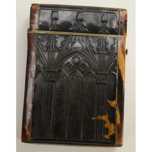 3161 - A William IV/early Victorian Gothic Revival tortoiseshell card case, the sides pressed with ecclesia... 