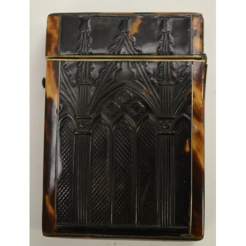 3161 - A William IV/early Victorian Gothic Revival tortoiseshell card case, the sides pressed with ecclesia... 