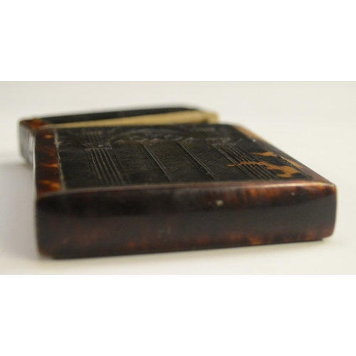 3161 - A William IV/early Victorian Gothic Revival tortoiseshell card case, the sides pressed with ecclesia... 