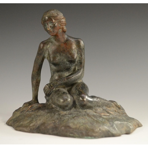 3165 - After Edvard Eriksen, a verdigris patinated bronze, The Little Mermaid, 22cm wide