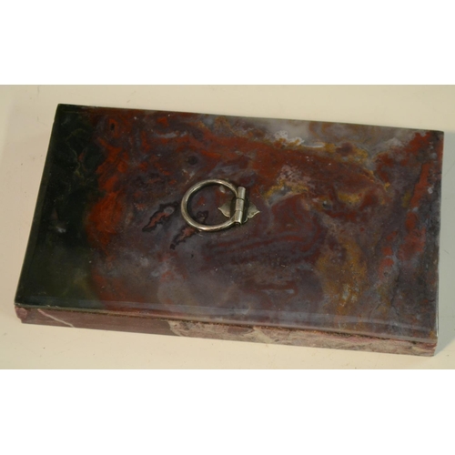 3169 - An agate and marble rectangular desk weight, silvered ring handle, 14.5cm wide