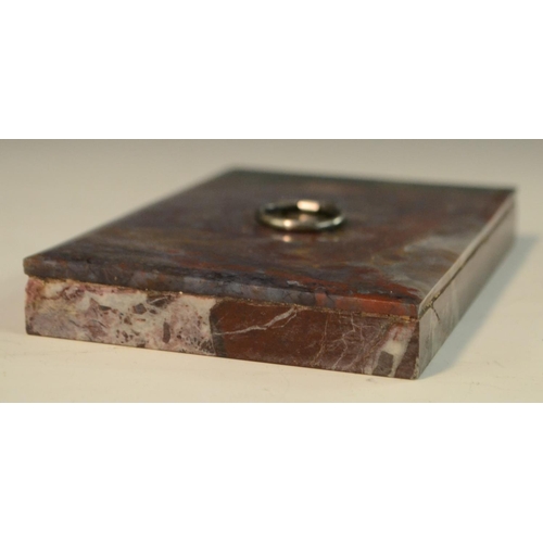 3169 - An agate and marble rectangular desk weight, silvered ring handle, 14.5cm wide