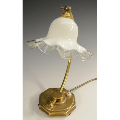 3174 - An Art Nouveau style brass adjustable C-frame desk or reading lamp, opaque glass shade with frilled ... 