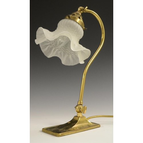 3175 - An Art Nouveau style brass adjustable swan neck desk or reading lamp,  frilled and moulded frosted g... 