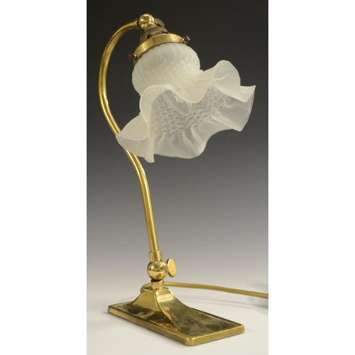 3175 - An Art Nouveau style brass adjustable swan neck desk or reading lamp,  frilled and moulded frosted g... 