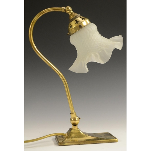 3175 - An Art Nouveau style brass adjustable swan neck desk or reading lamp,  frilled and moulded frosted g... 