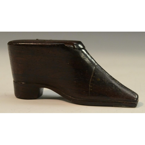 3301 - A 19th century rosewood novelty snuff box, as a shoe, decorated with brass pinwork, sliding cover, 1... 