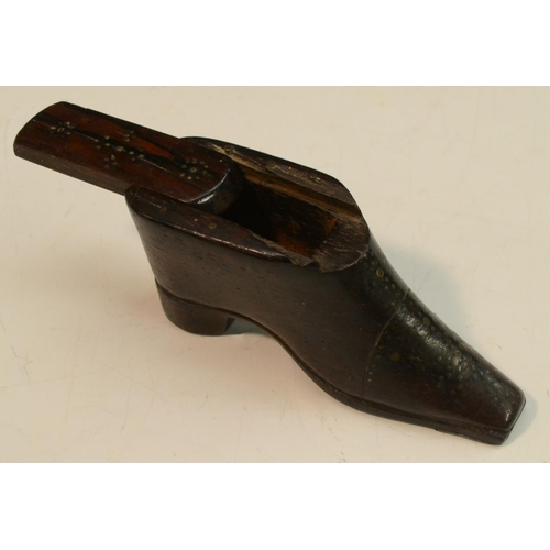 3301 - A 19th century rosewood novelty snuff box, as a shoe, decorated with brass pinwork, sliding cover, 1... 