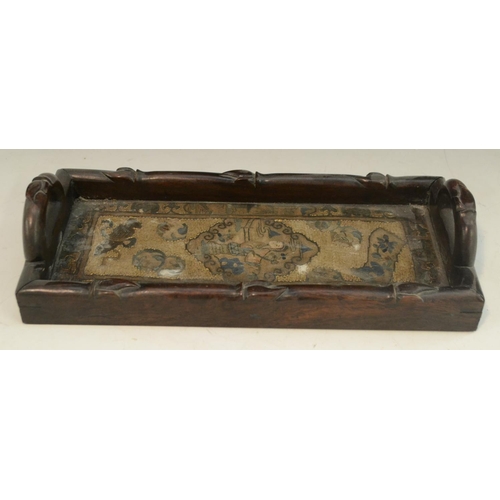 3009 - A 19th century Chinese hardwood rectangular tray, carved throughout with leafy bamboo, the gazed fie... 