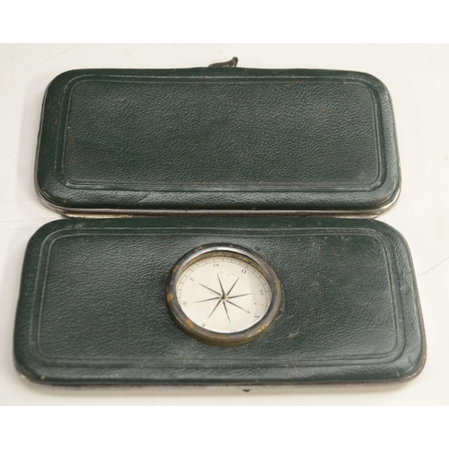 3060A - A 19th century green leather gentleman's aide memoire and pocket case, hinged cover set with a compa... 