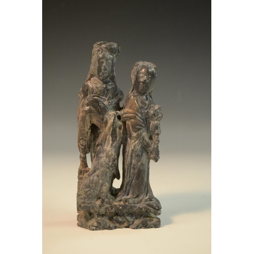 3067 - A Chinese grey soapstone carving, of two female deities, each holding their respective attributes an... 