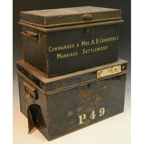 3026 - A 19th century japanned steel deed box, hinged cover, the front inscrbed Commander & Mrs. A. B. Cove... 