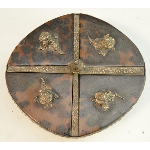 3157 - A Victorian silver coloured metal and tortoiseshell oval box, divided into quarters, flower handles,... 