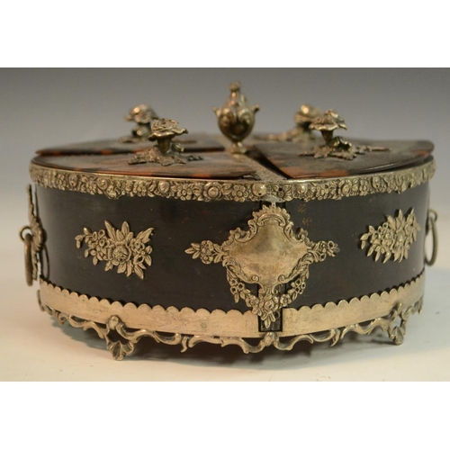 3157 - A Victorian silver coloured metal and tortoiseshell oval box, divided into quarters, flower handles,... 