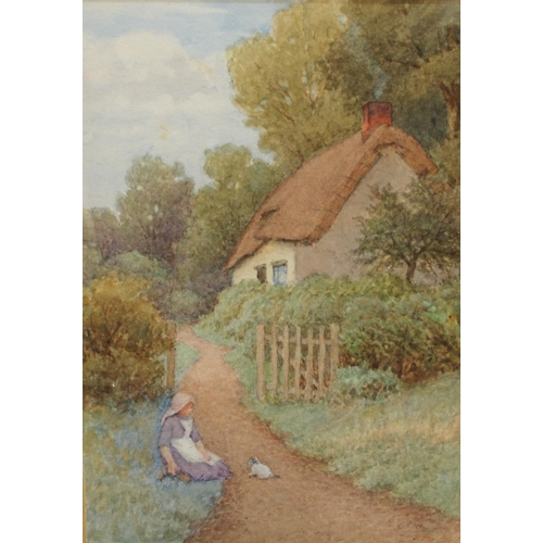 256 - English School (early 20th century) Cottage Garden with Child and Kitten monogrammed CEW, watercolou... 