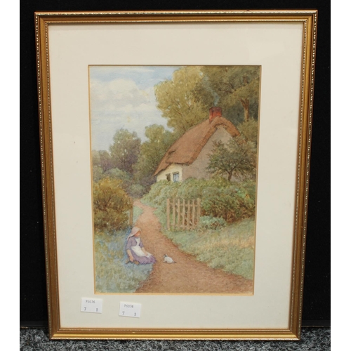 256 - English School (early 20th century) Cottage Garden with Child and Kitten monogrammed CEW, watercolou... 