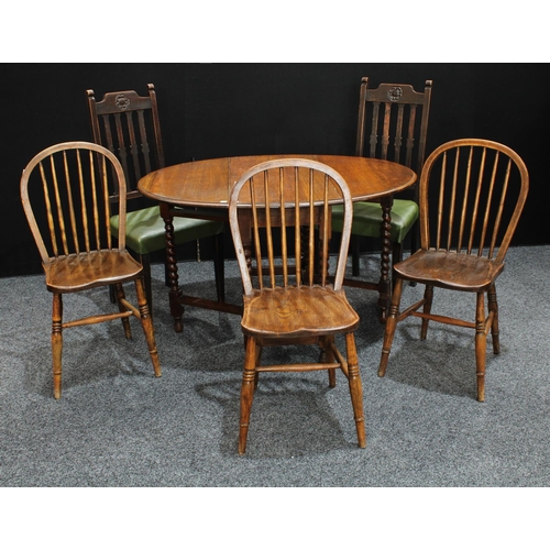 265 - An oak gateleg dining table; a set of three elm country kitchen dining chairs; a pair of Arts & Craf... 