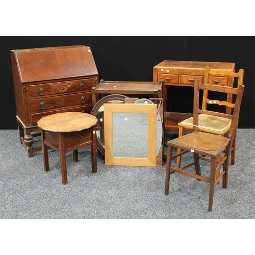 270 - An oak bureau; oak serving table; another; sewing table; chairs; mirrors (10)