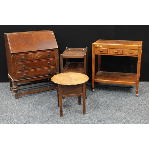 270 - An oak bureau; oak serving table; another; sewing table; chairs; mirrors (10)