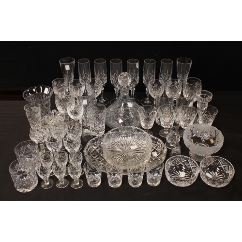 271 - Glassware - a set of six cut glass champage flutes, others Rock Royal Crystal, Webb Corbett, ship's ... 