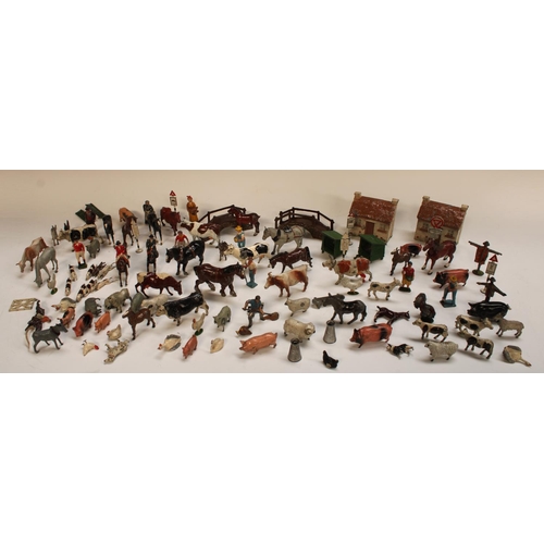 483 - Britains Toys - a cold painted lead farmyard collection, inc two cottages, assorted Cows, Horse, Pig... 