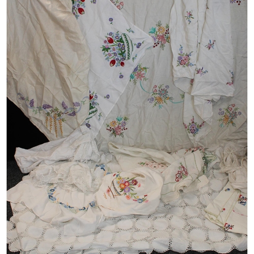 492 - Textiles - hand embroidered floral and lace edged linen tablecloths