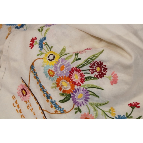 492 - Textiles - hand embroidered floral and lace edged linen tablecloths