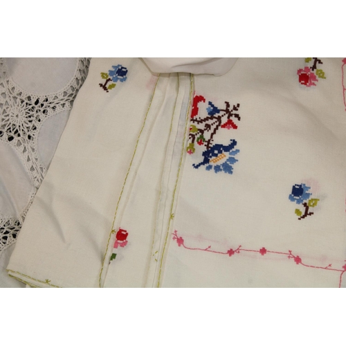 492 - Textiles - hand embroidered floral and lace edged linen tablecloths