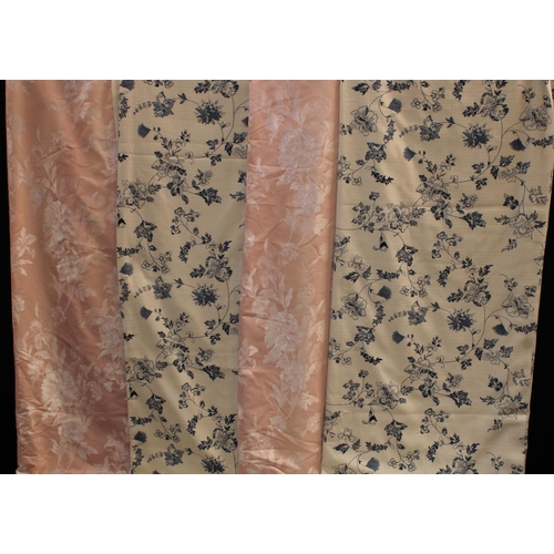 493 - Textiles - a large pair of cream floral curtains; another pair, pink damask