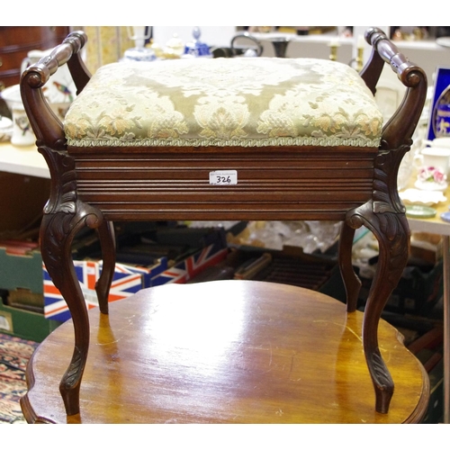 326 - A late Victorian piano stool, turned side rails, padded hinged seat, carved French cabriole legs.