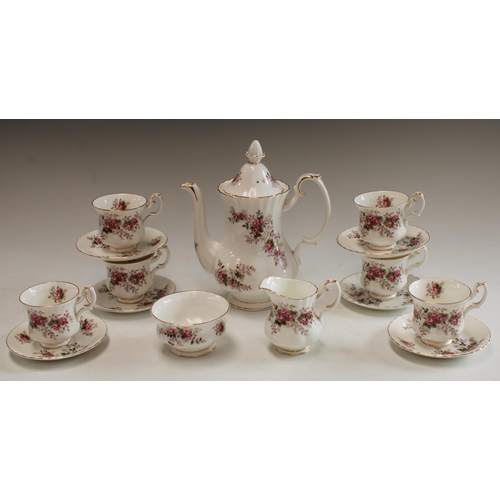 5120 - A Royal Albert Lavender Rose pattern coffee set for six, coffee pot, cream jug and sugar bowl, six c... 