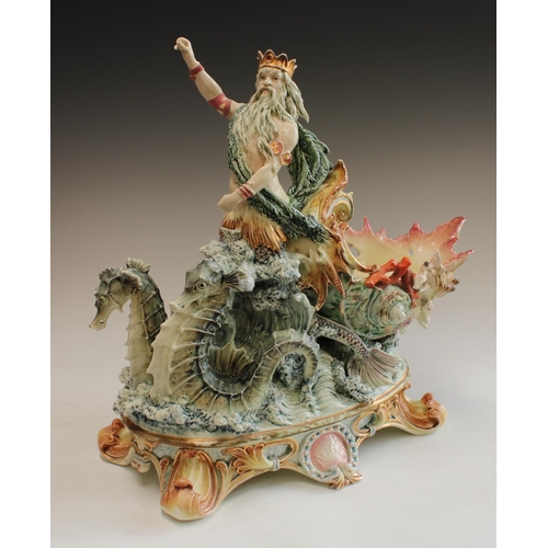 5123 - An Italian figural centrepiece, as  Neptune and his chariot, pulled by seahorses, scroll base, 46cm ... 